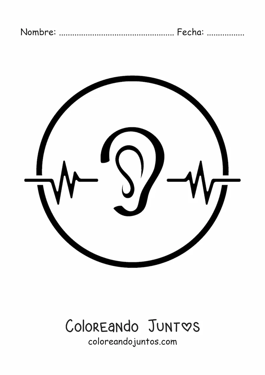 Imagen para colorear de un oído dentro de un círculo junto a líneas de ondas de audio