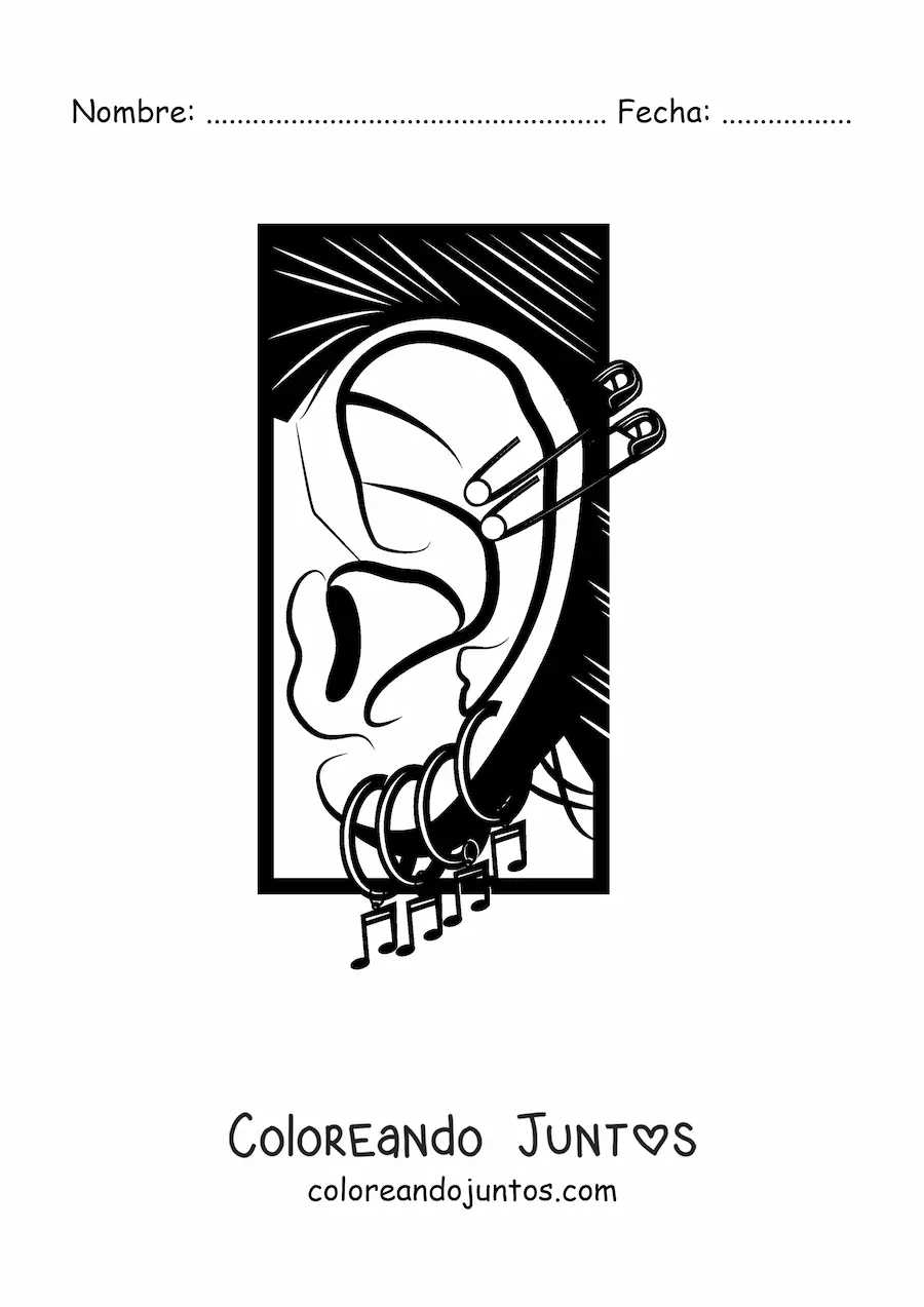 Imagen para colorear de una oreja humana decorada con piercings
