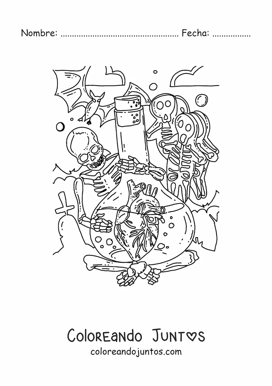 Imagen para colorear de un esqueletos sujetando un matras con un corazón humano rodeado de decoraciones de Halloween