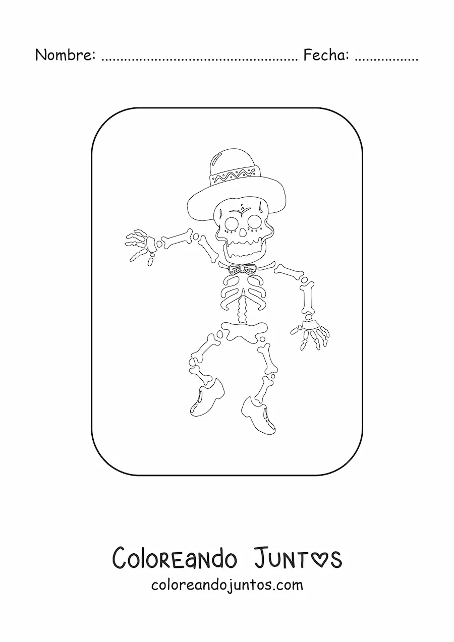 Imagen para colorear de un esqueleto humano bailando con un sombrero en el Día de los muertos