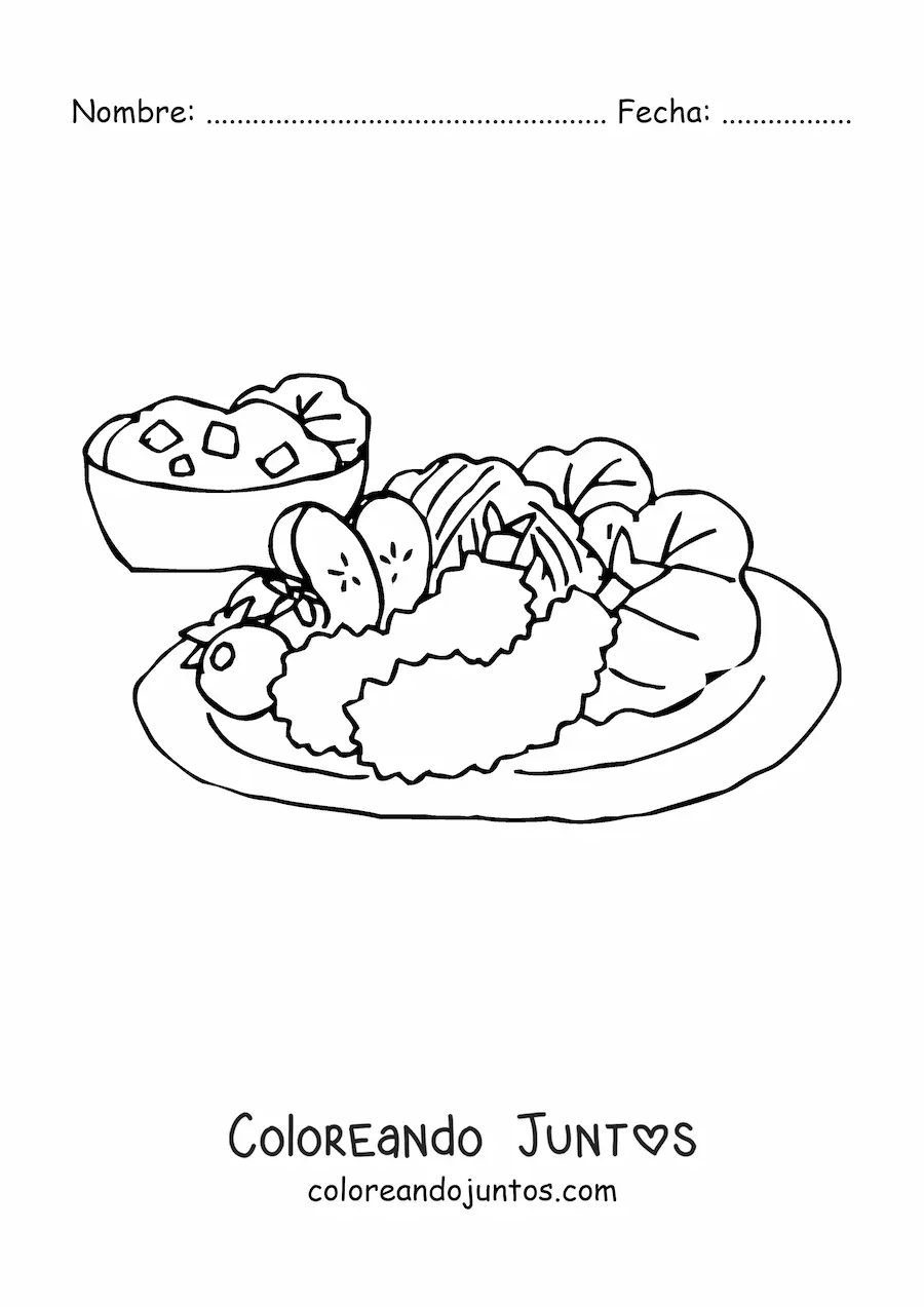 Imagen para colorear de un platillo con camarones fritos y ensalada