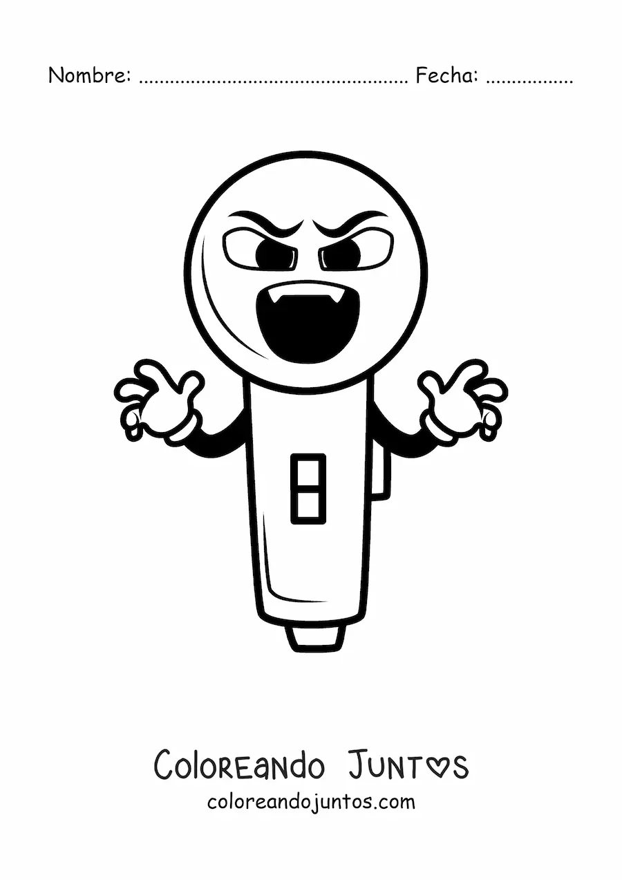 Imagen para colorear de un micrófono animado con colmillos asustando por Halloween
