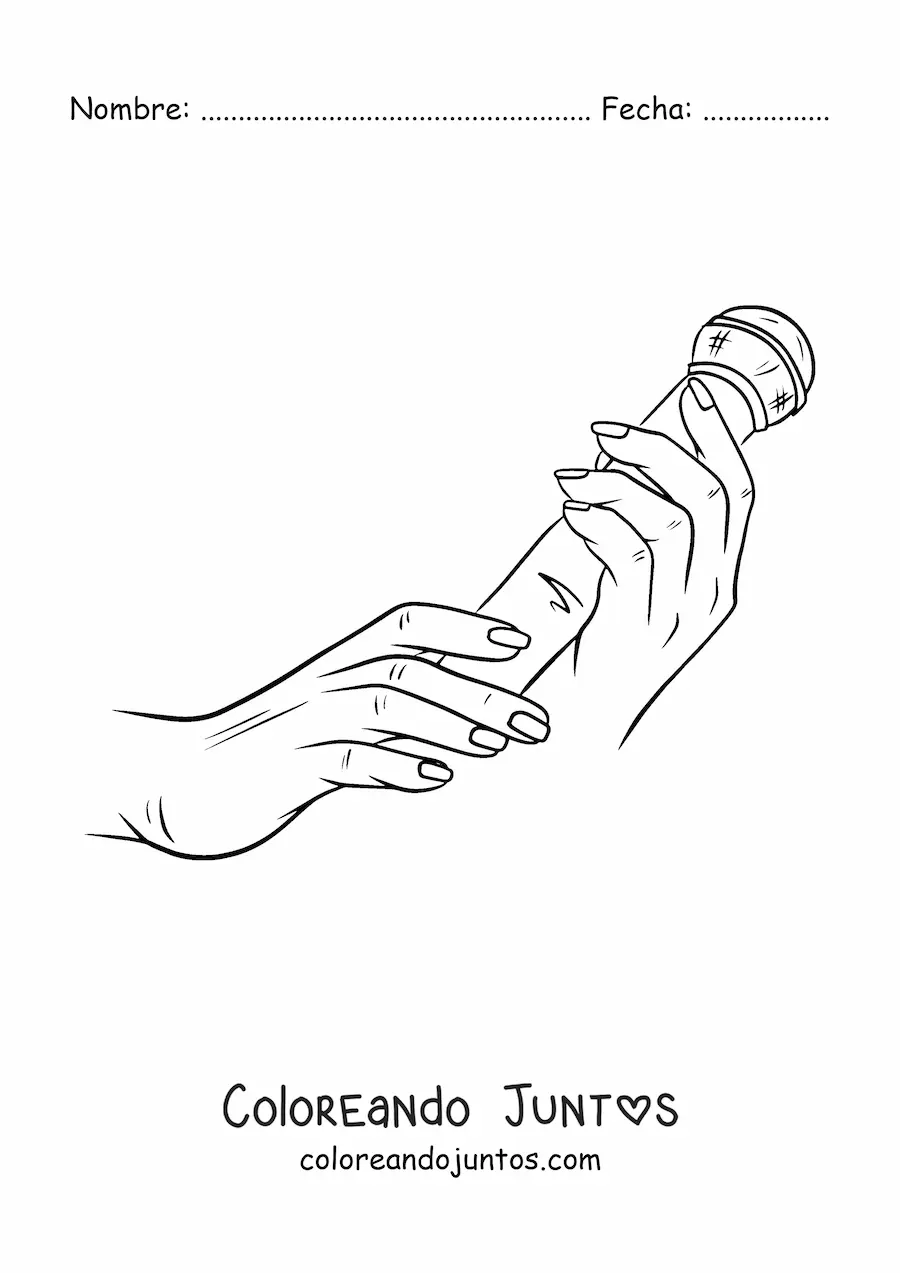 Imagen para colorear de dos manos sosteniendo un micrófono inalámbrico