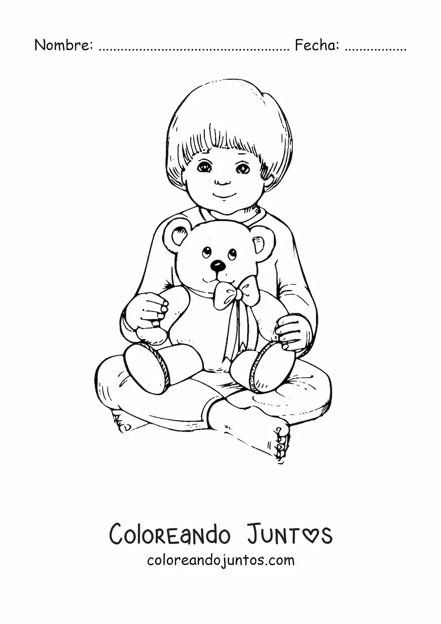 Imagen para colorear de un niño sentado sujetando un oso de peluche