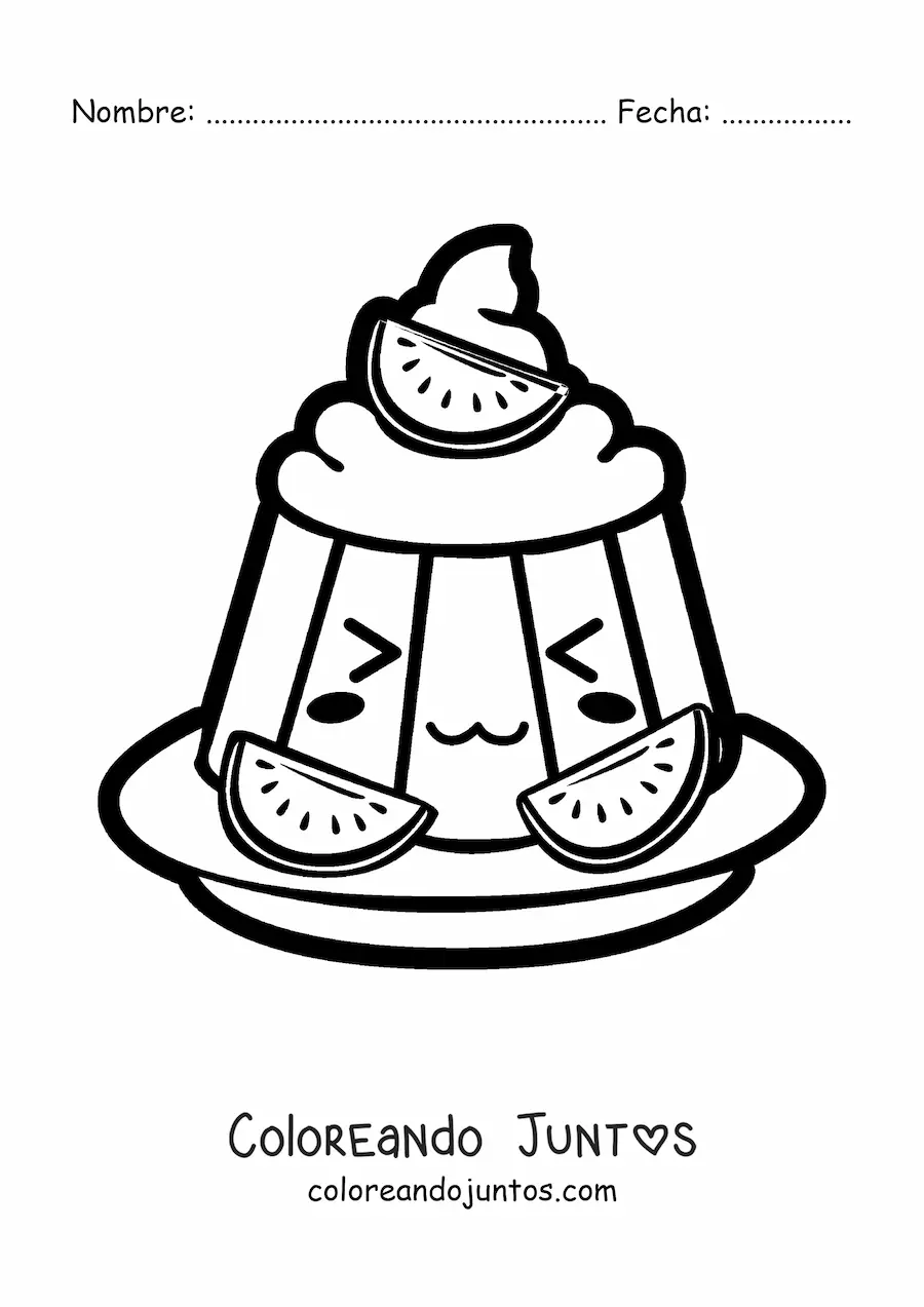 Imagen para colorear de una gelatina kawaii con crema y trozos de frutas