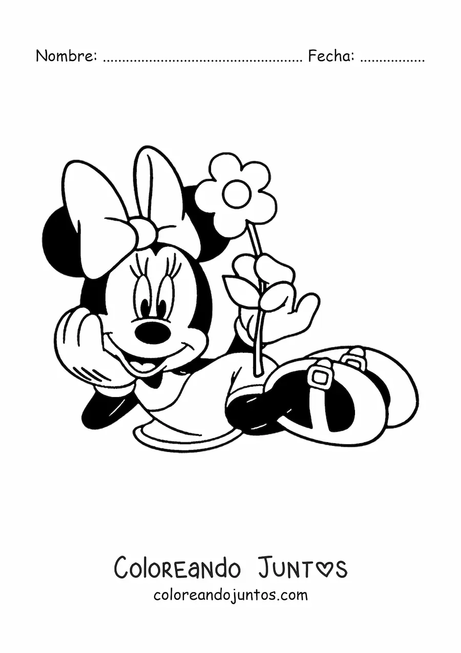 Imagen para colorear de Minnie acostada sosteniendo una flor