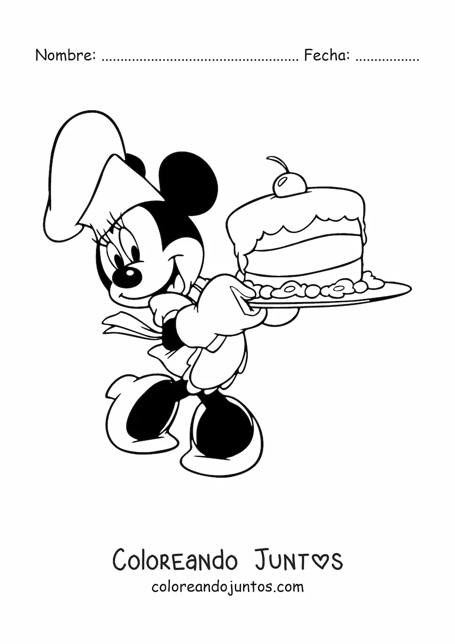 Imagen para colorear de Minnie cocinera con gorro de chef y un pastel