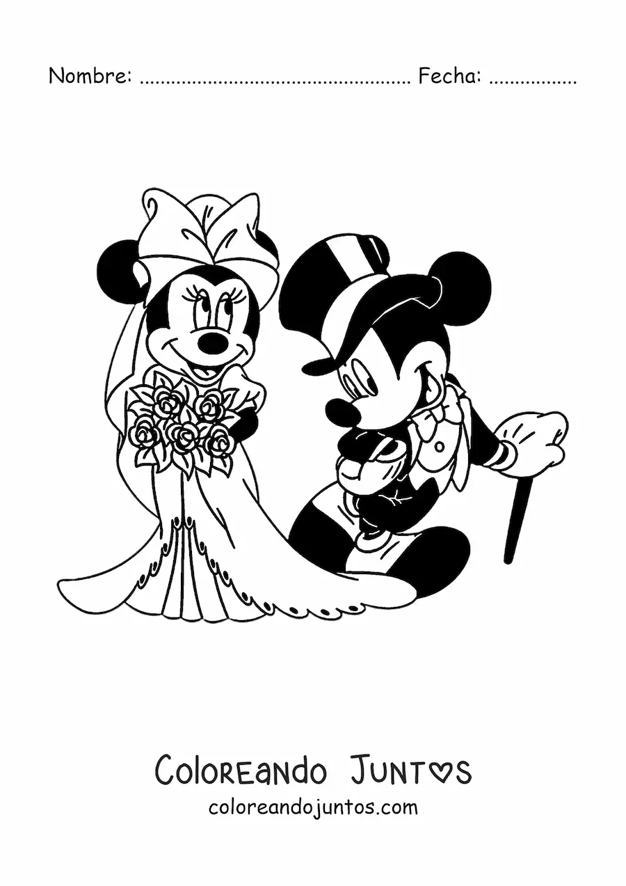 Imagen para colorear de Minnie con vestido de novia y un ramo y Mickey con traje y sombrero en su boda