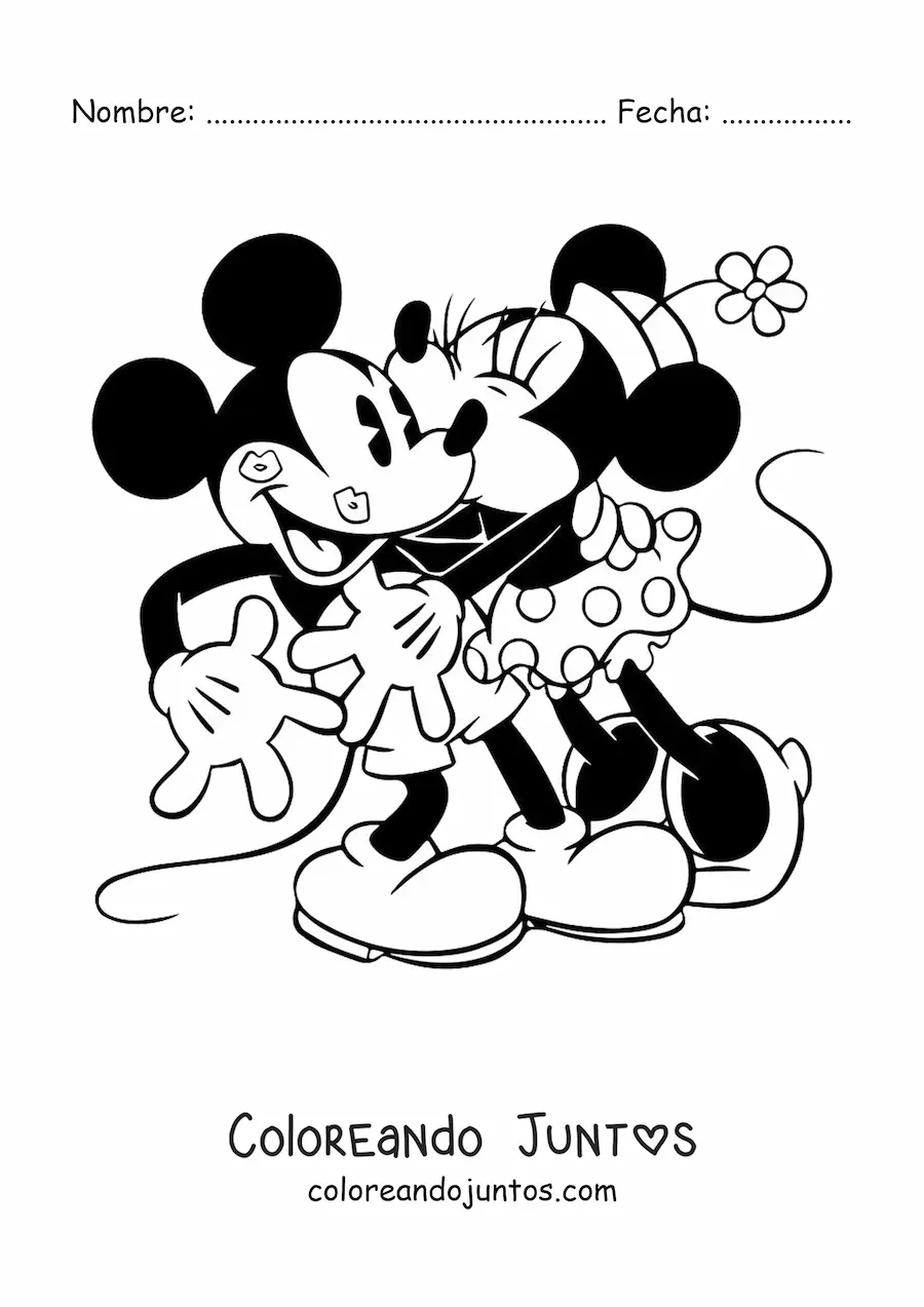 Imagen para colorear de Minnie besando a Mickey