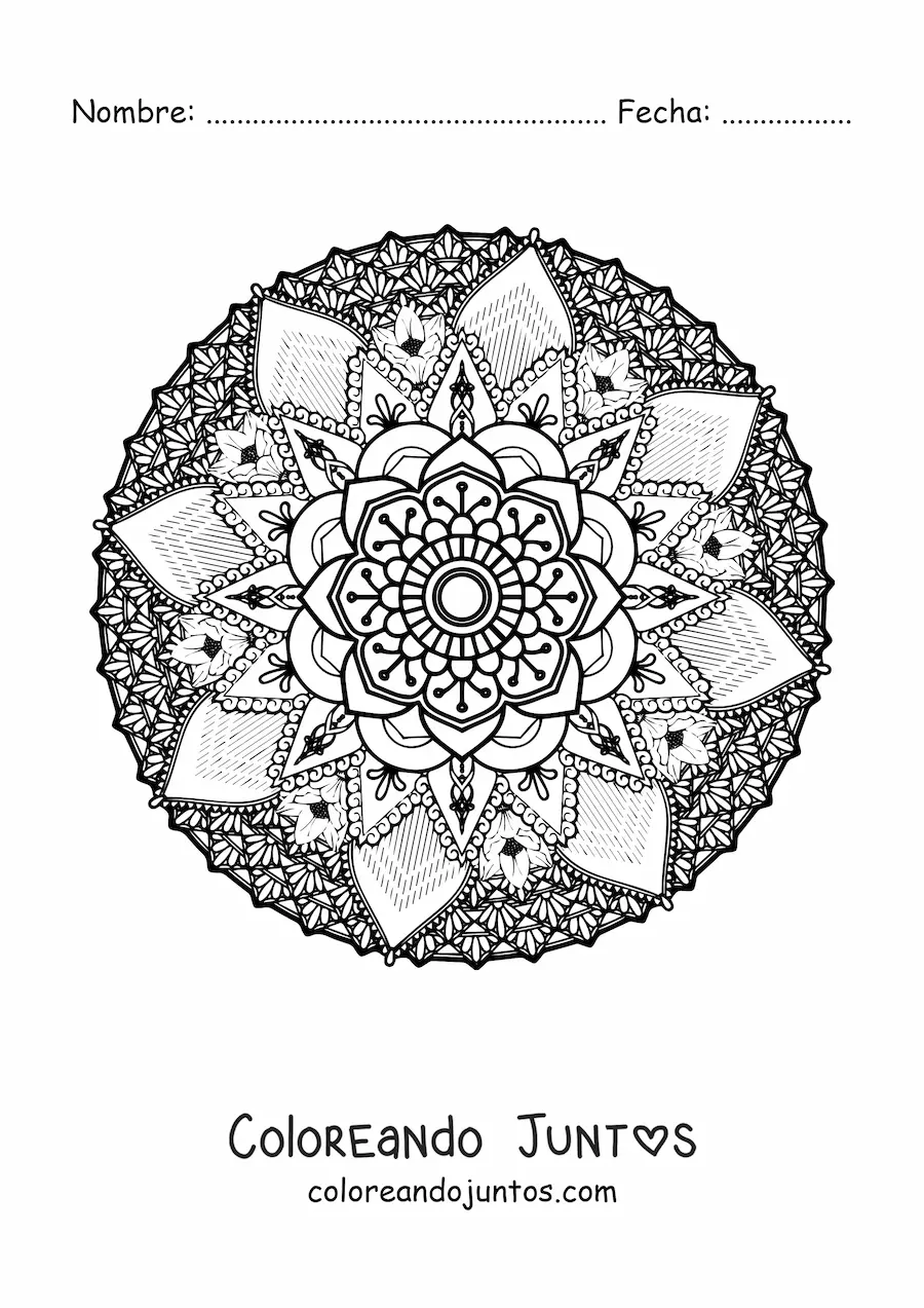 Imagen para colorear de un mandala difícil floral