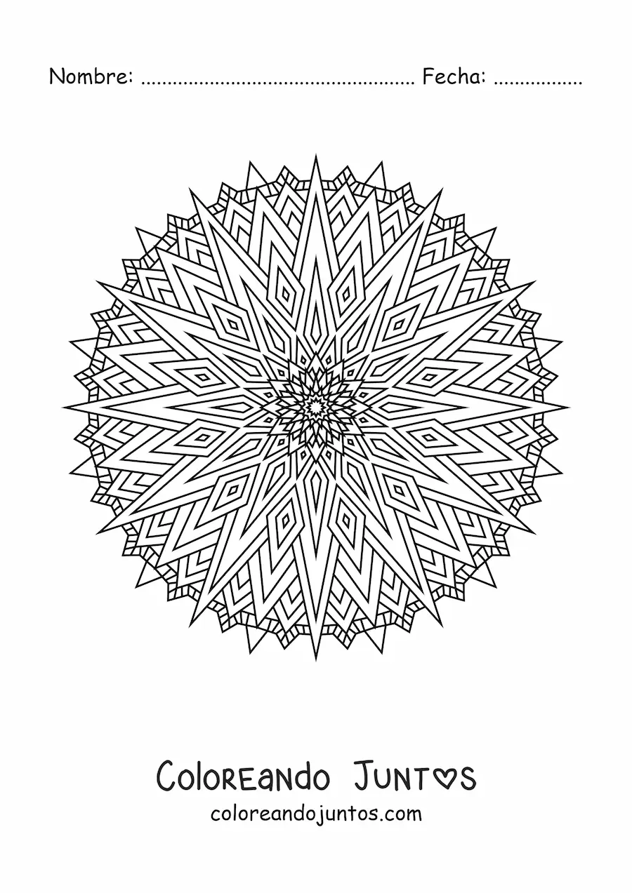 Imagen para colorear de un mandala difícil con triángulos