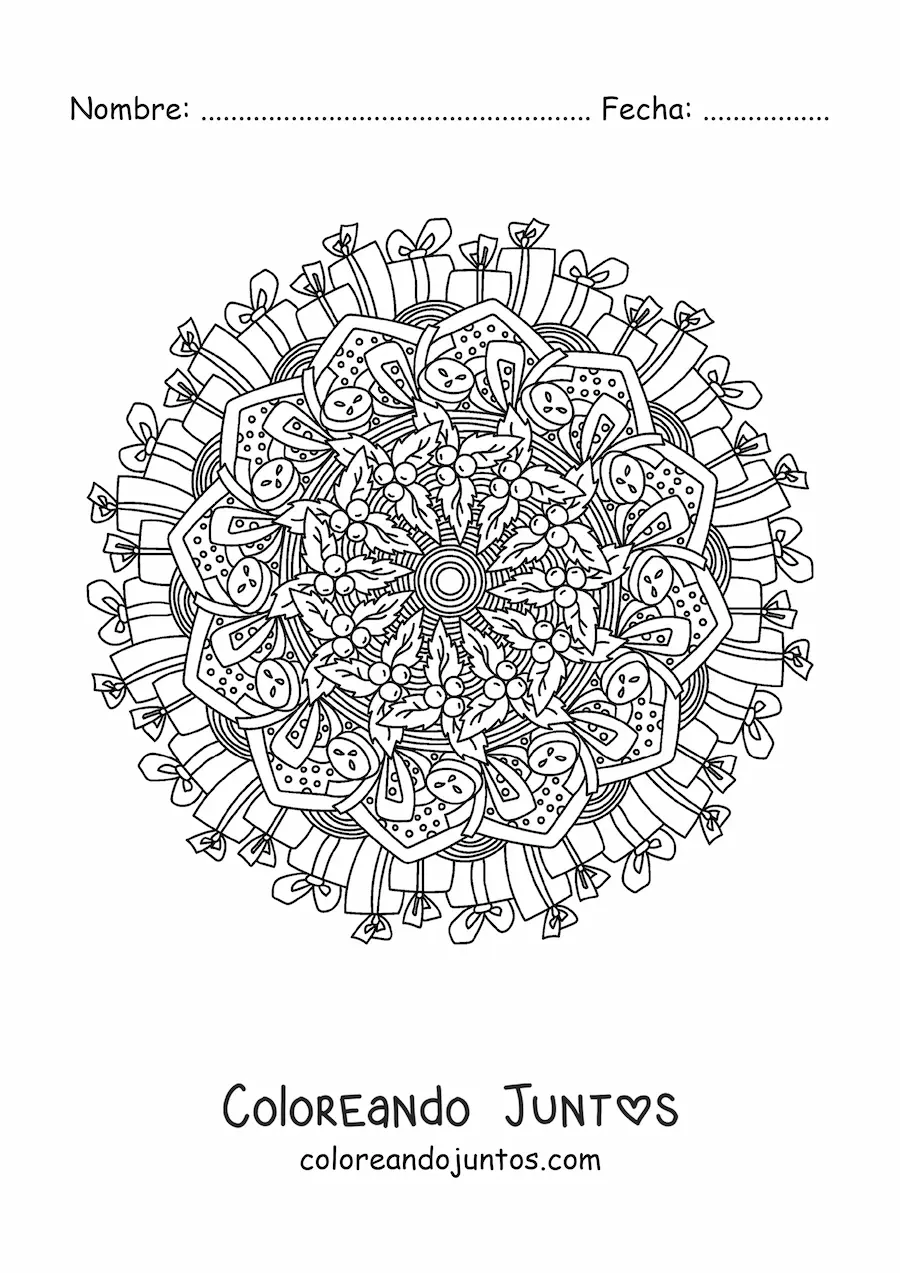 Imagen para colorear de mandala de Navidad con regalos