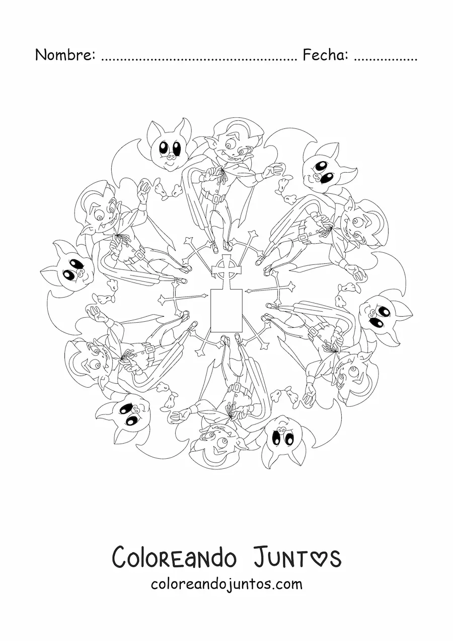 Imagen para colorear de mandala de Halloween con vampiro y murciélago