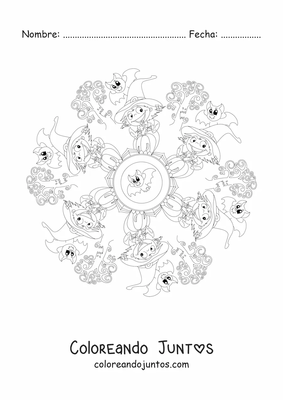 Imagen para colorear de mandala de Halloween con bruja y murciélagos