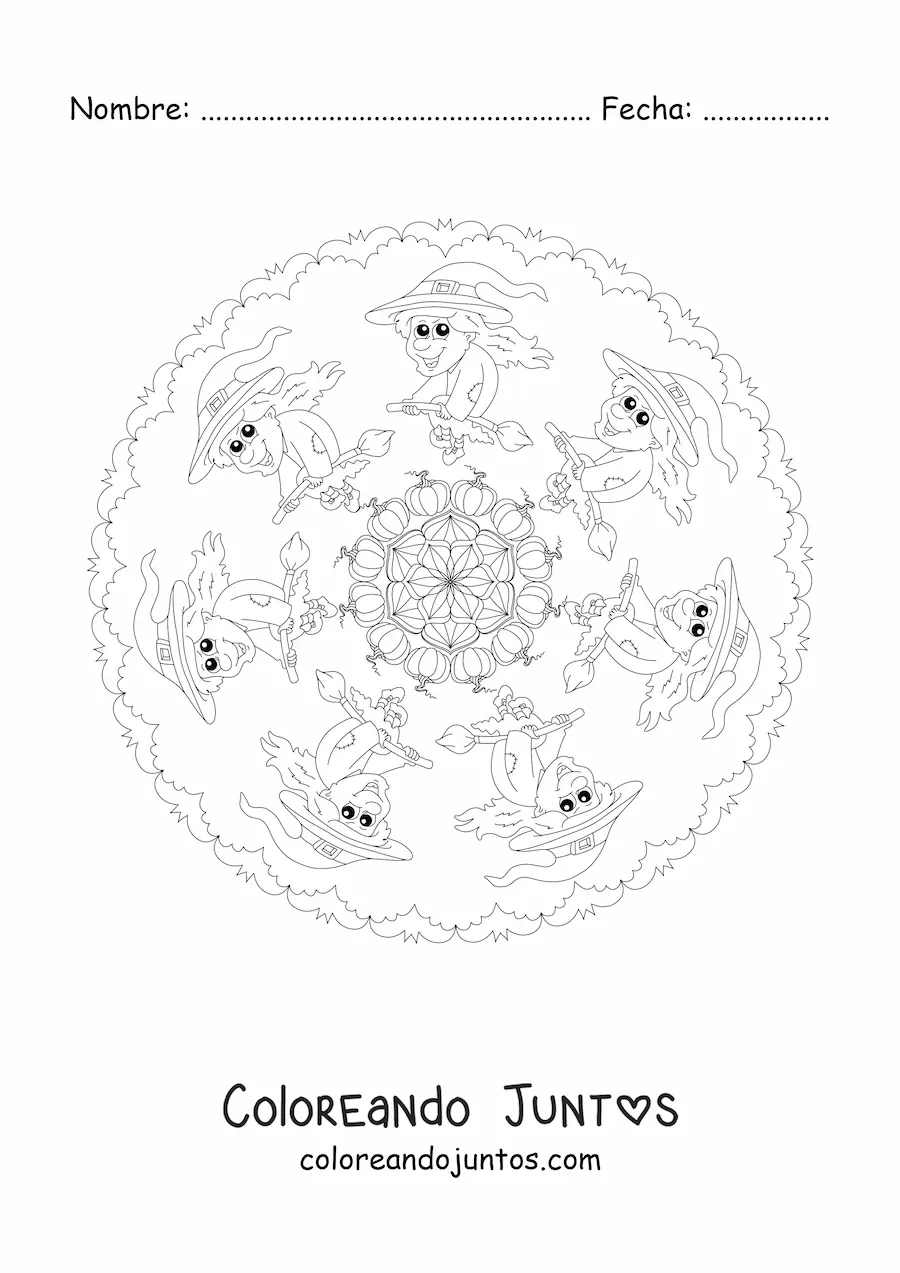 Imagen para colorear de mandala de Halloween con bruja y murciélagos