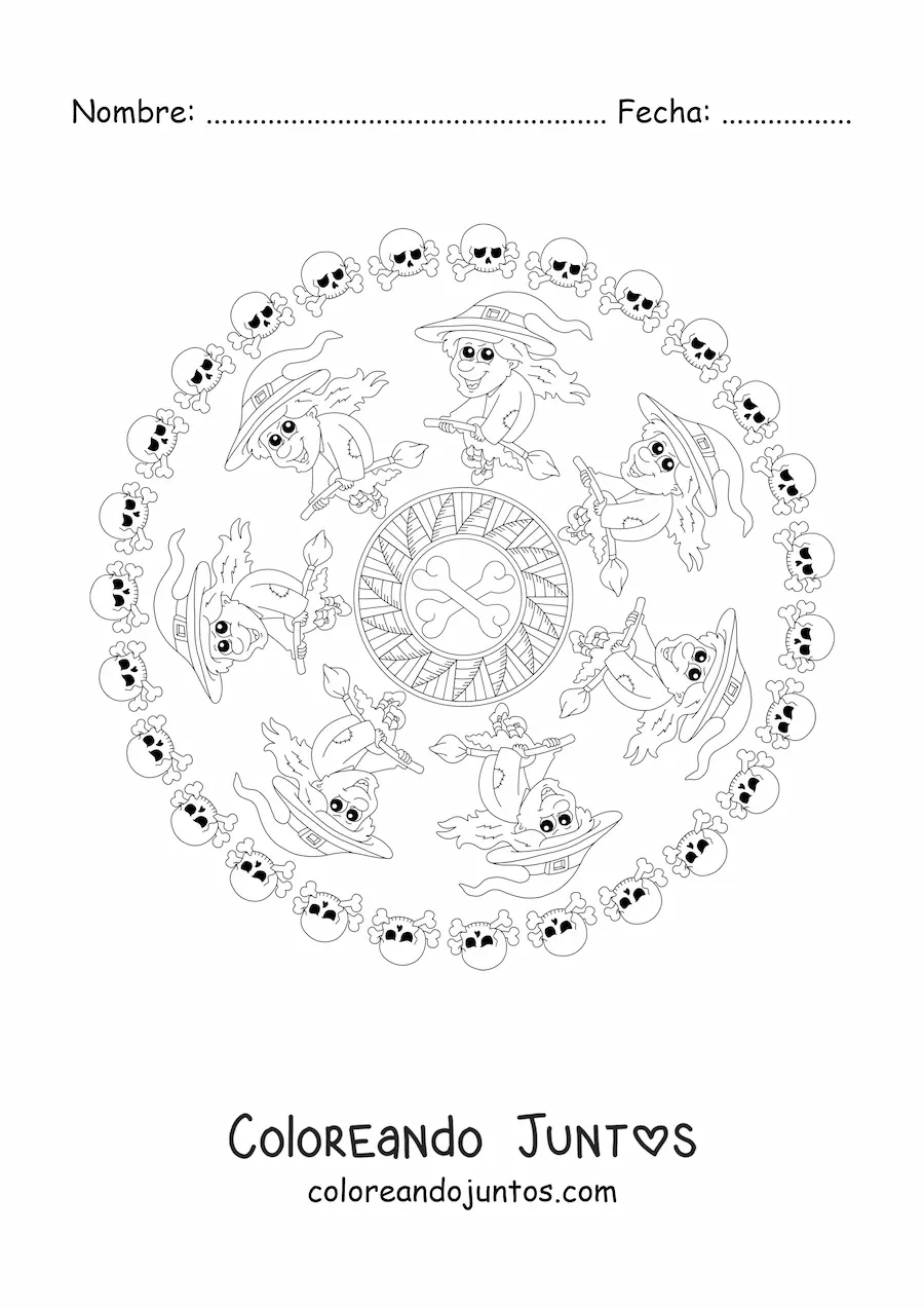 Imagen para colorear de mandala de Halloween con bruja y calaveras