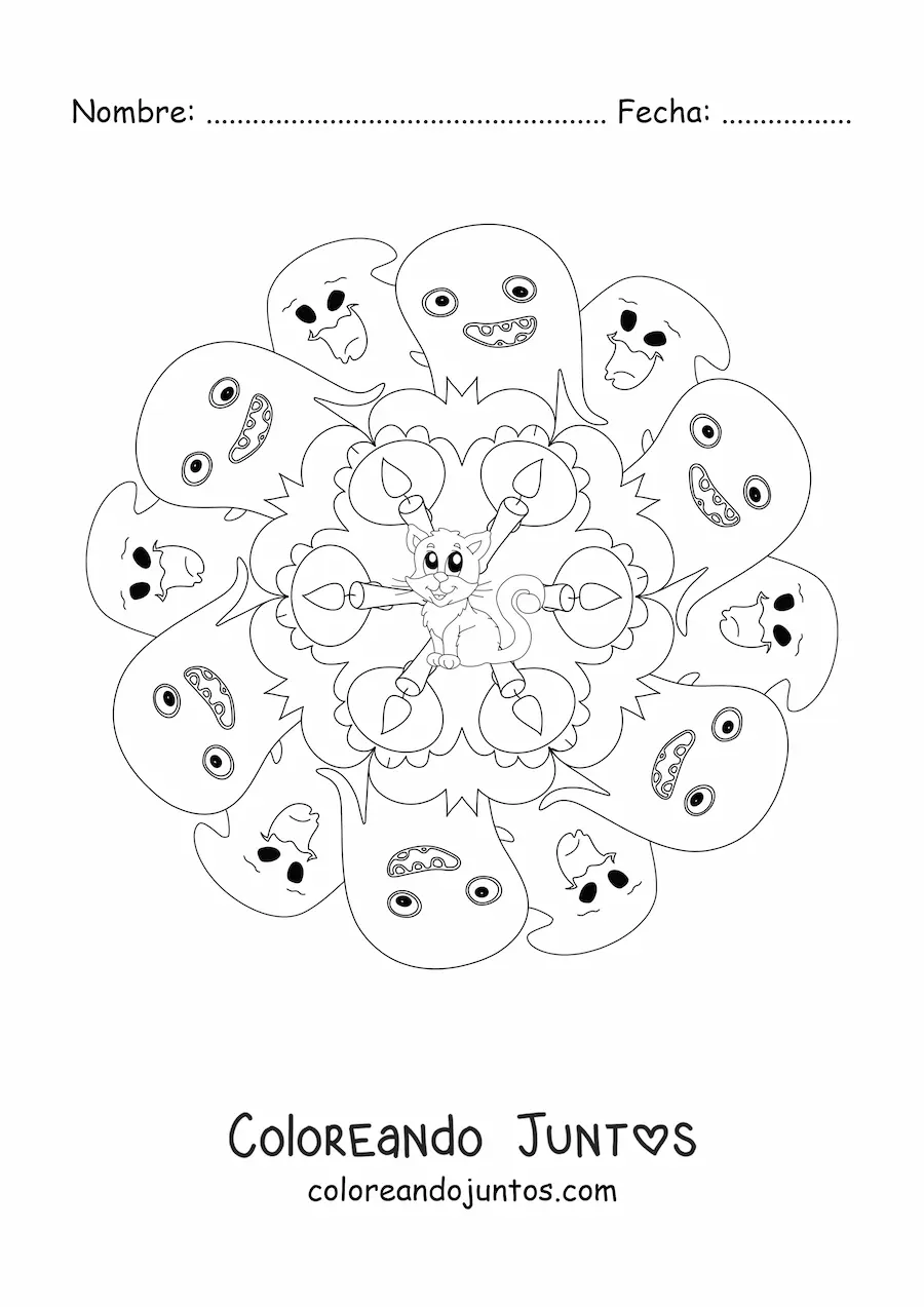 Imagen para colorear de mandala de Halloween con gato y fantasmas