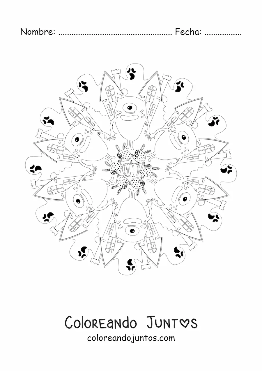 Imagen para colorear de mandala de Halloween con monstruo y casa embrujada