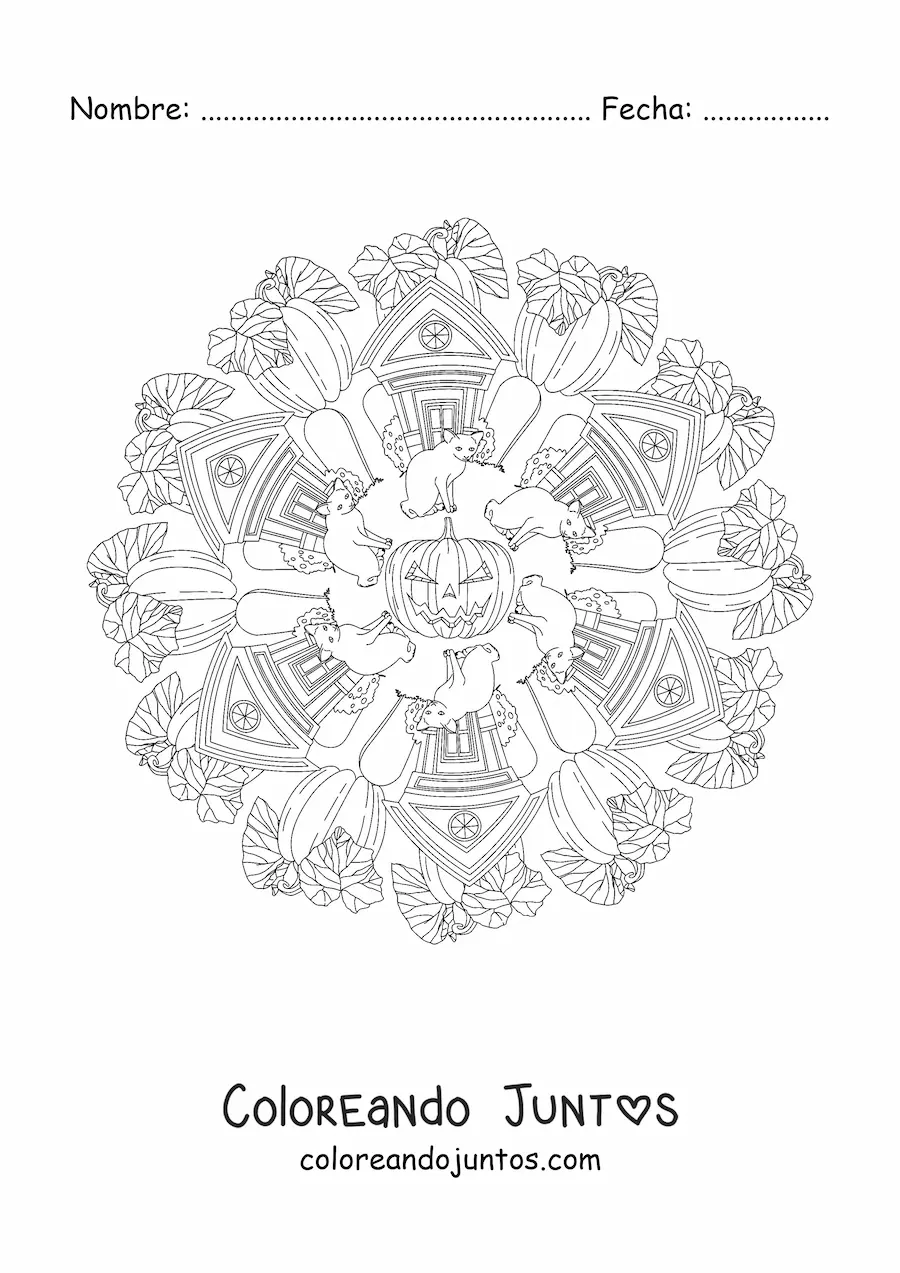Imagen para colorear de mandala de Halloween con casa embrujada y calabazas