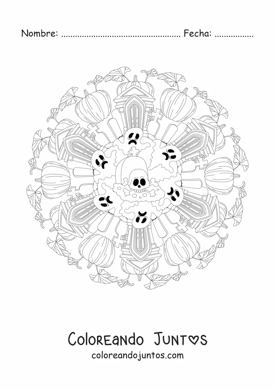 Imagen para colorear de mandala de Halloween con casa embrujada y calavera