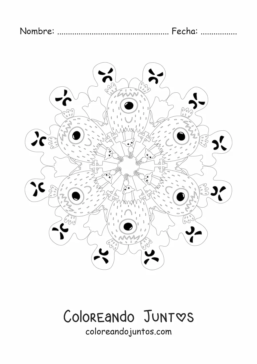Imagen para colorear de mandala de Halloween con monstruos y fantasmas
