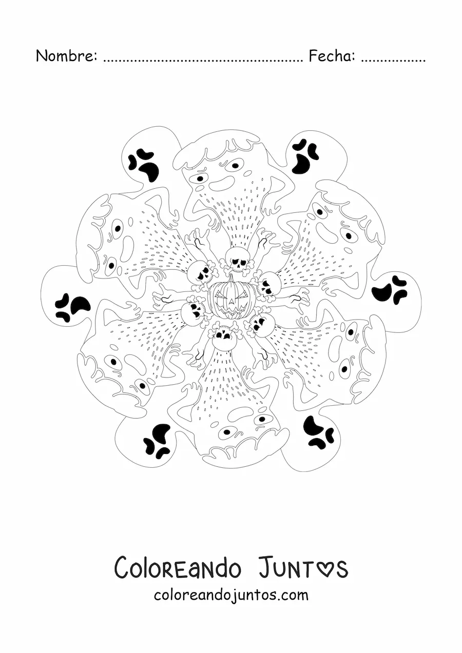 Imagen para colorear de mandala de Halloween con monstruos y fantasmas