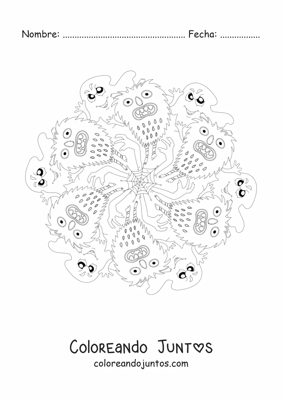 Imagen para colorear de mandala de Halloween con monstruos y fantasmas