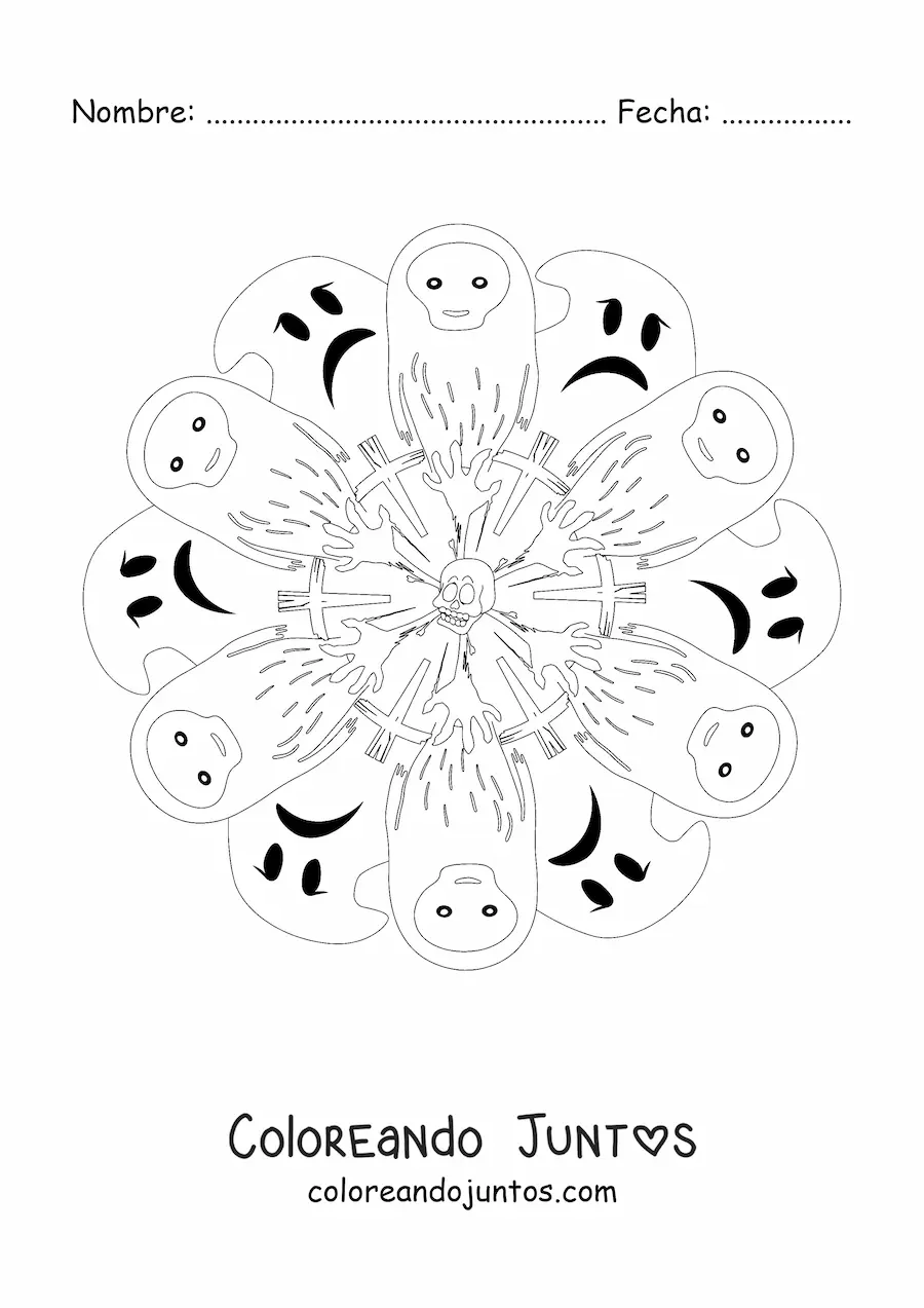 Imagen para colorear de mandala de Halloween con fantasmas