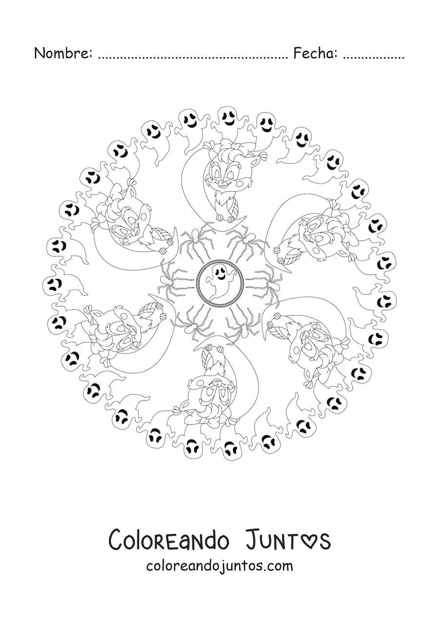 Imagen para colorear de mandala de Halloween con gato y búhos