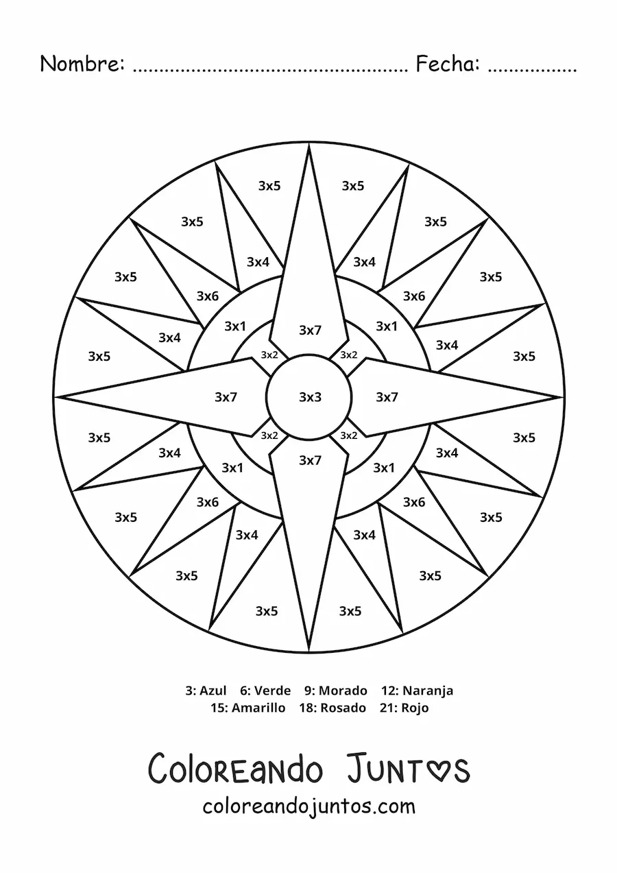 Imagen para colorear de mandala de multiplicación del número 3