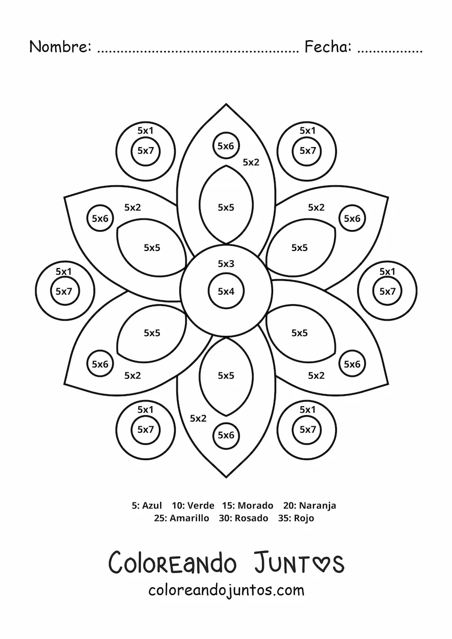 Imagen para colorear de mandala de multiplicación del número 5