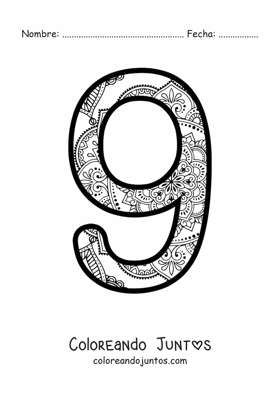 Imagen para colorear de mandala del número 9