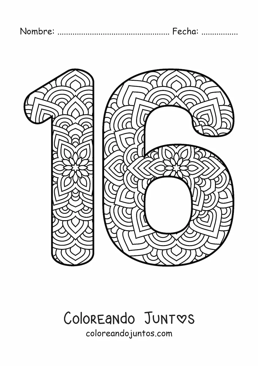 Imagen para colorear de mandala del número 16