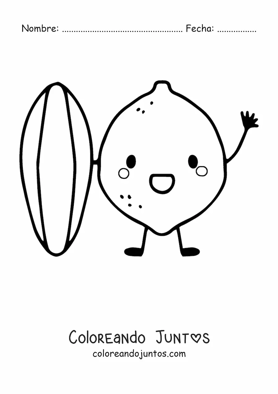 Imagen para colorear de un limón animado sujetando una tabla de surf