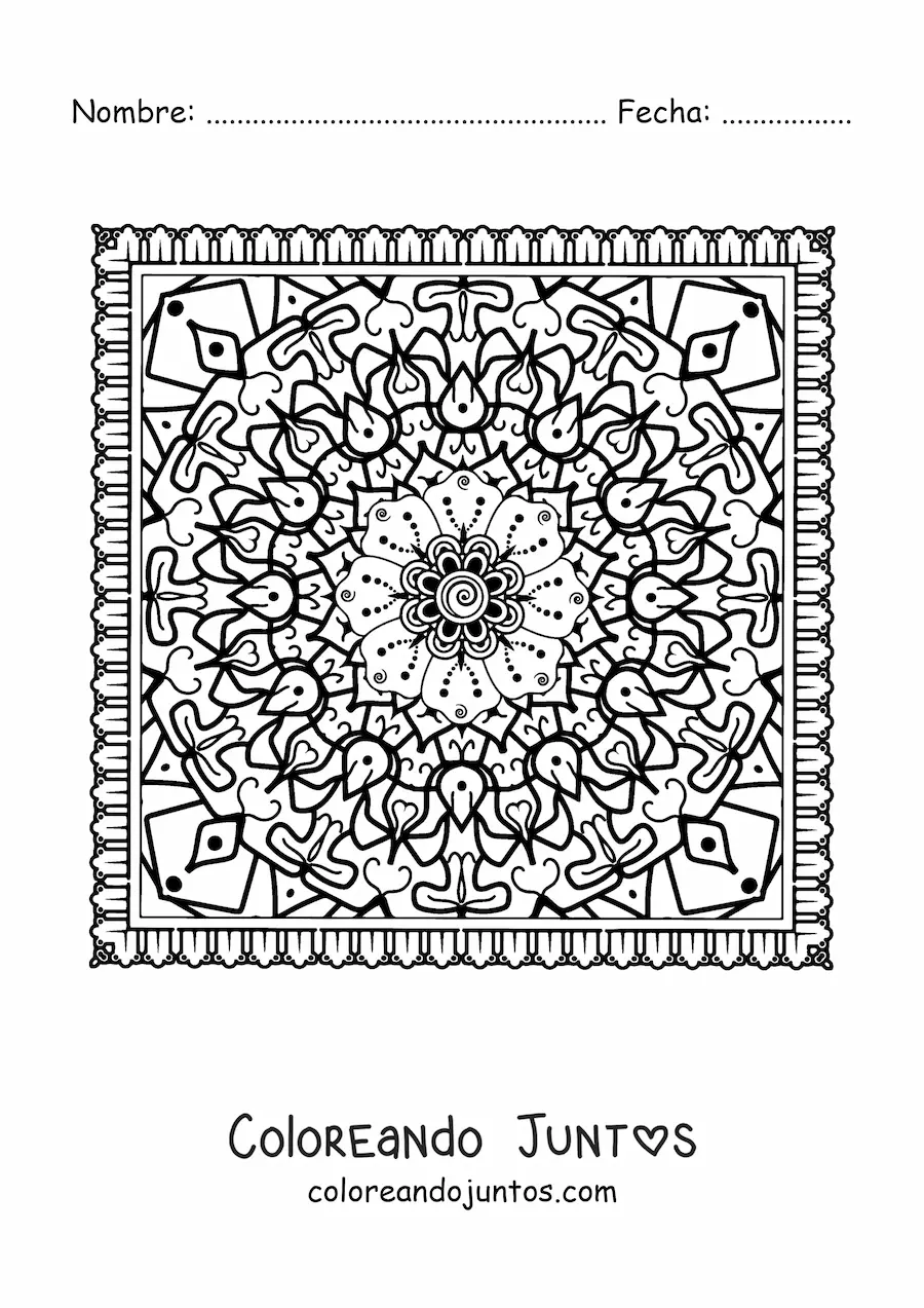 Imagen para colorear de mandala cuadrada difícil