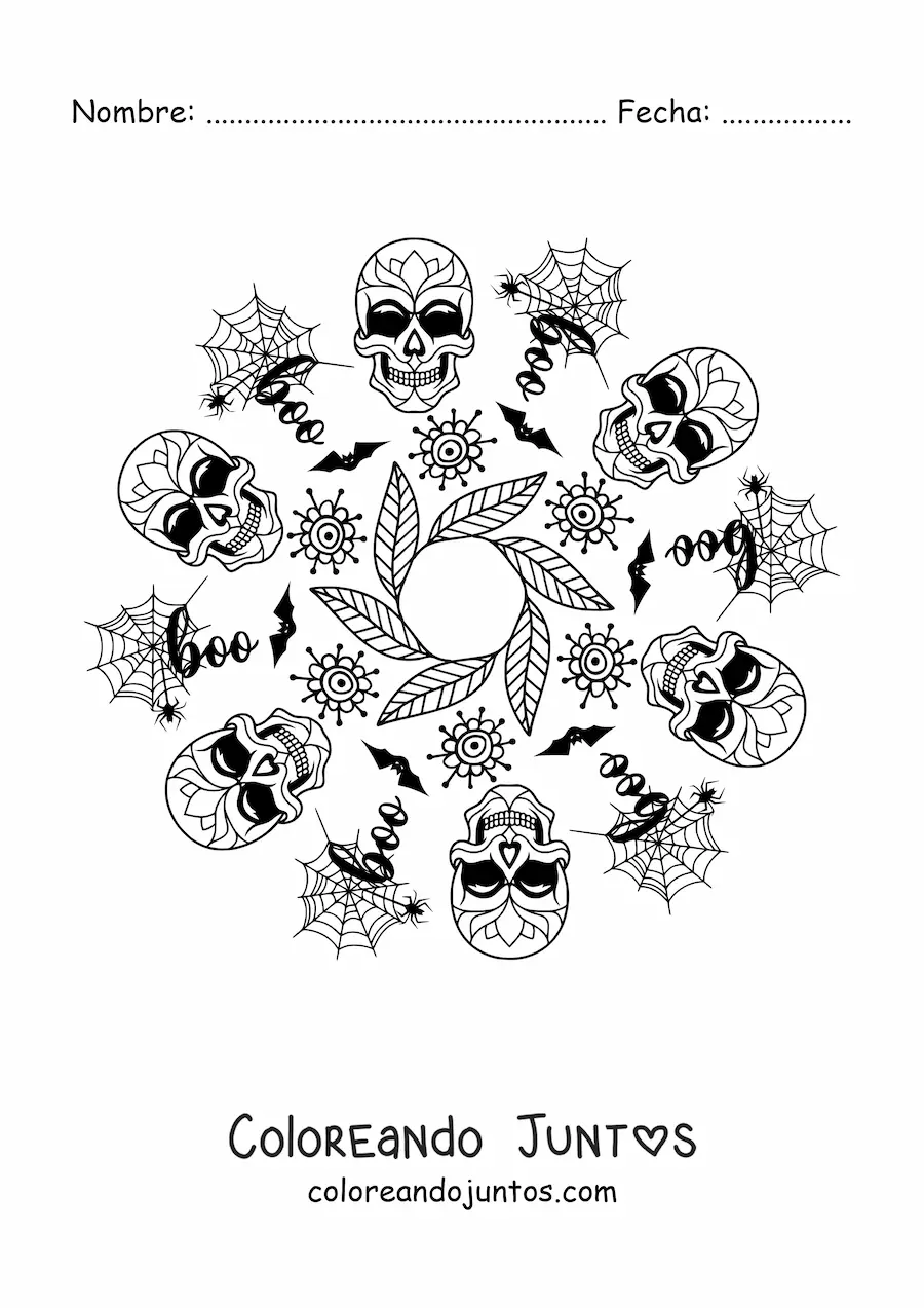 Imagen para colorear de mandala de calaveras de Halloween