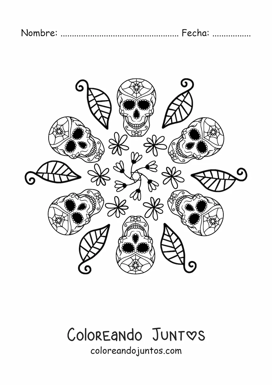 Imagen para colorear de mandala de calaveras catrinas