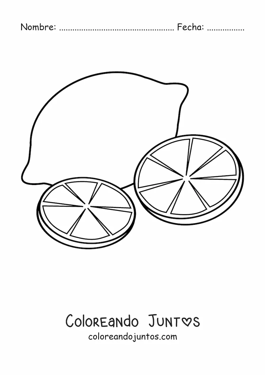 Imagen para colorear de un limón y dos rodajas de limón