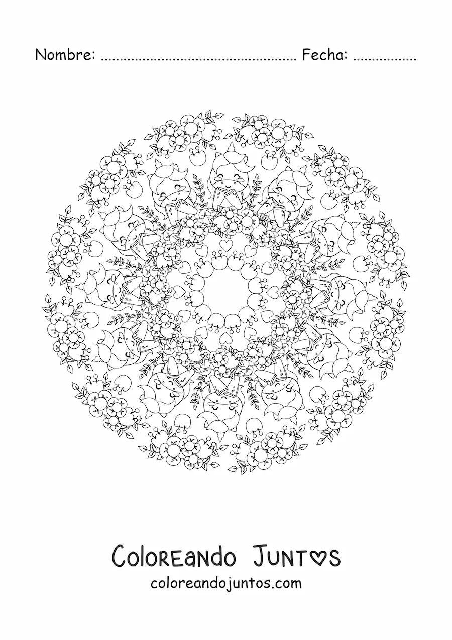 Imagen para colorear de mandala kawaii de unicornios con flores