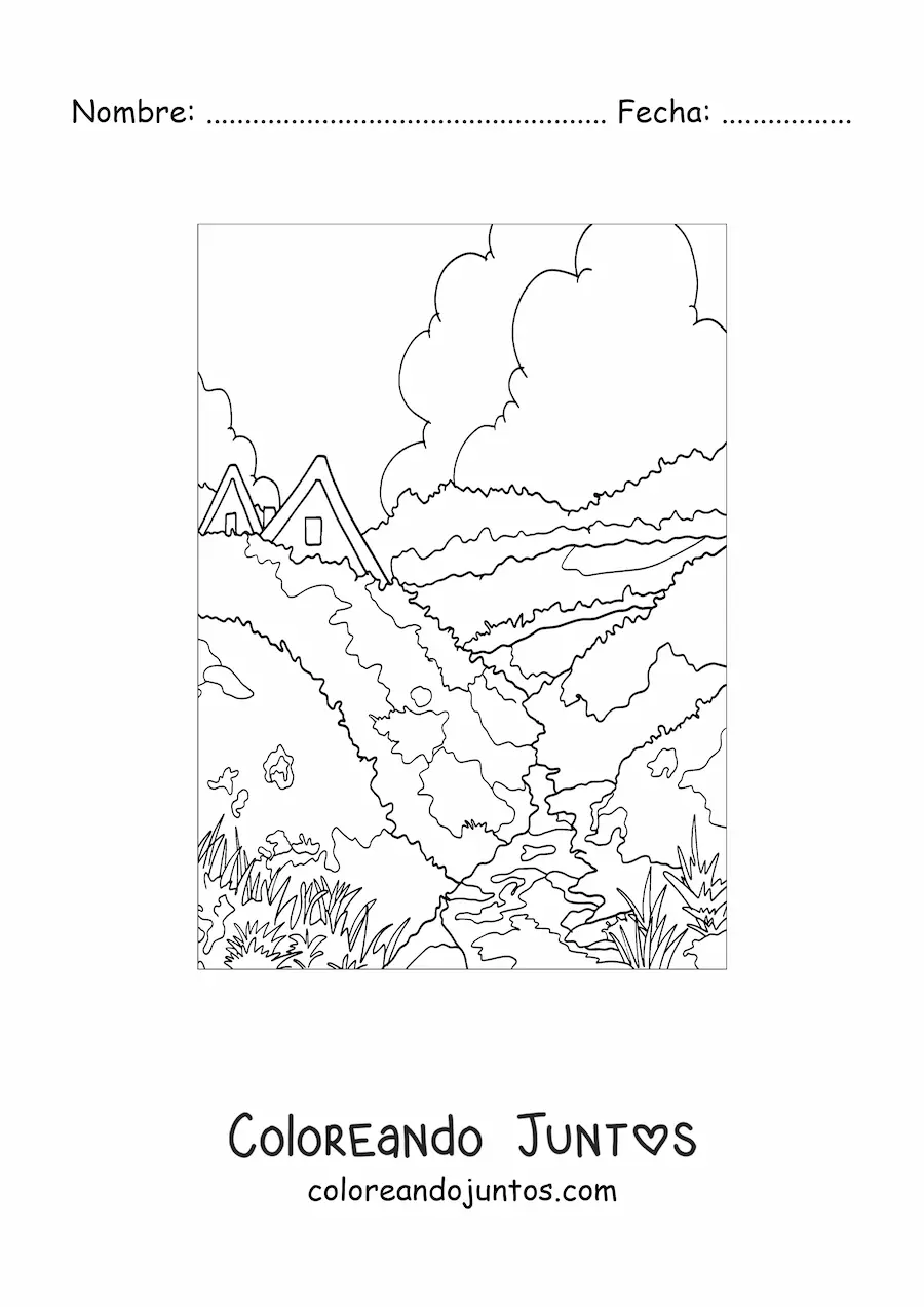Imagen para colorear de paisaje de una casa en el campo