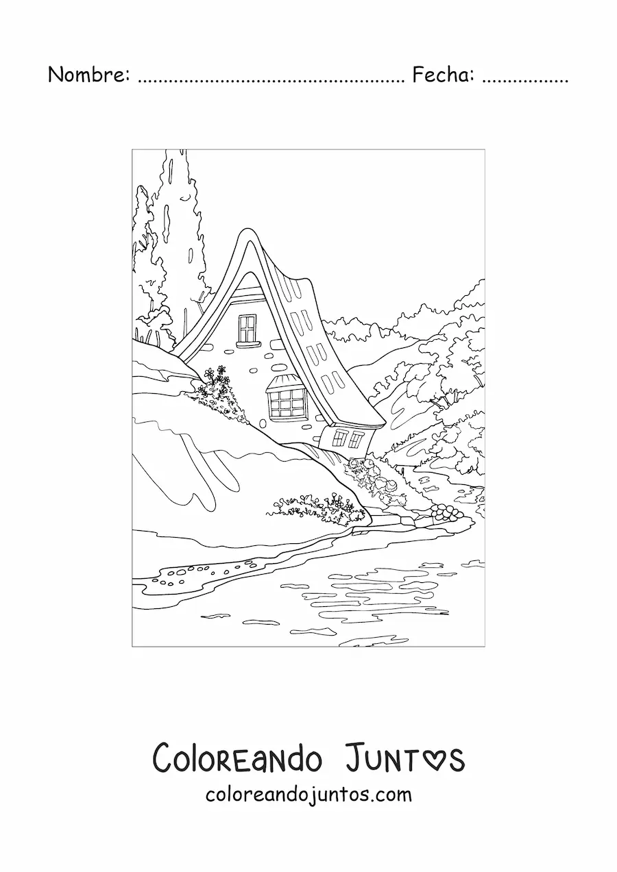 Imagen para colorear de paisaje de una casa en el campo