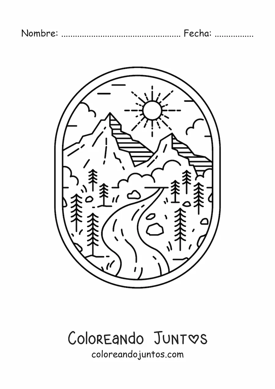 Imagen para colorear de paisaje natural con río y montañas