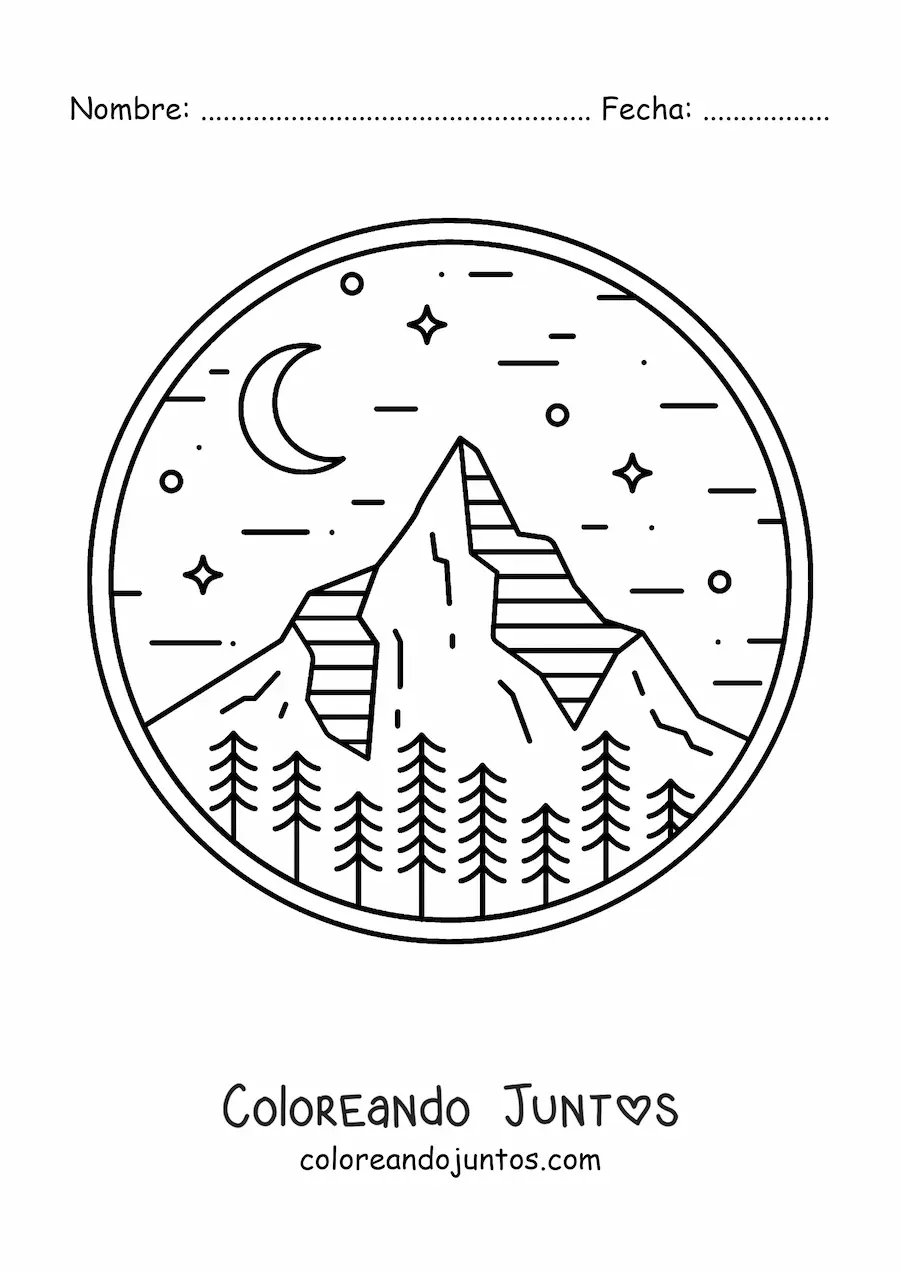 Imagen para colorear de paisaje de bosque con montañas de noche