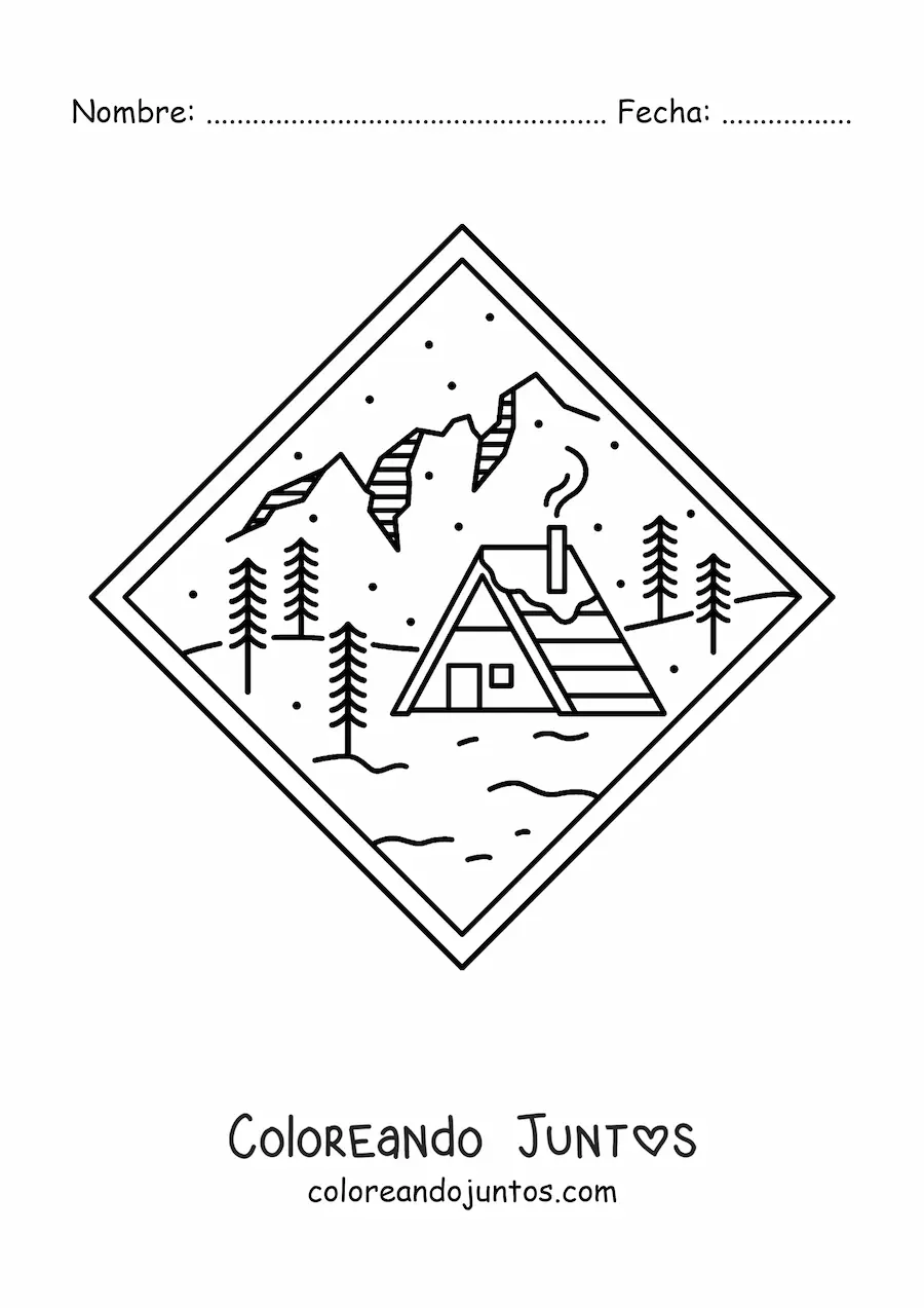 Imagen para colorear de paisaje de montaña con cabaña