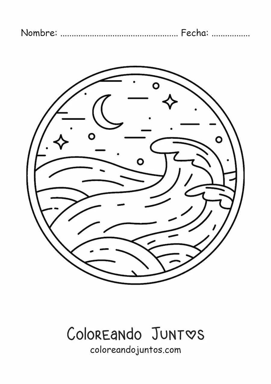 Imagen para colorear de las olas del mar de noche