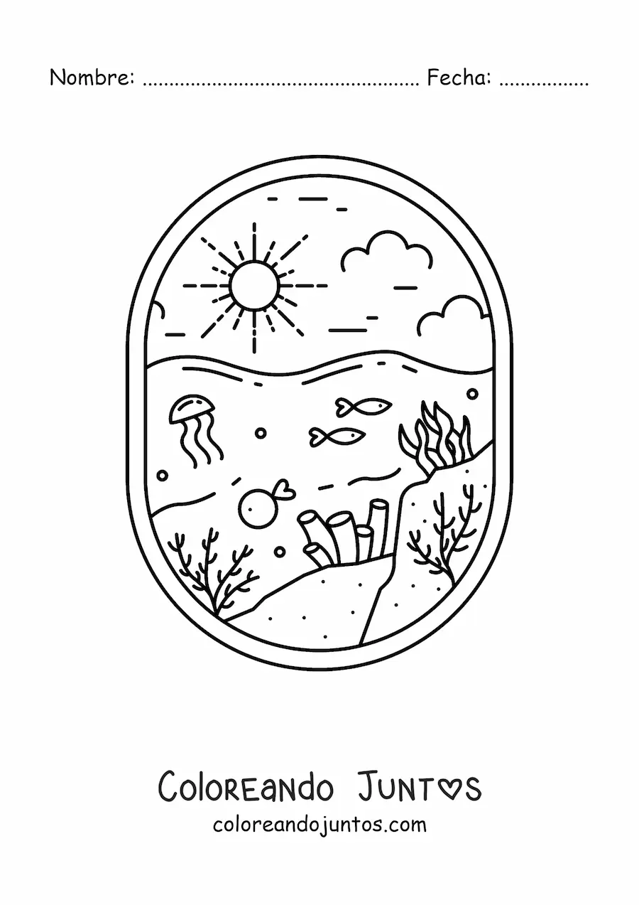 Imagen para colorear de paisaje del fondo marino con peces, medusa y corales