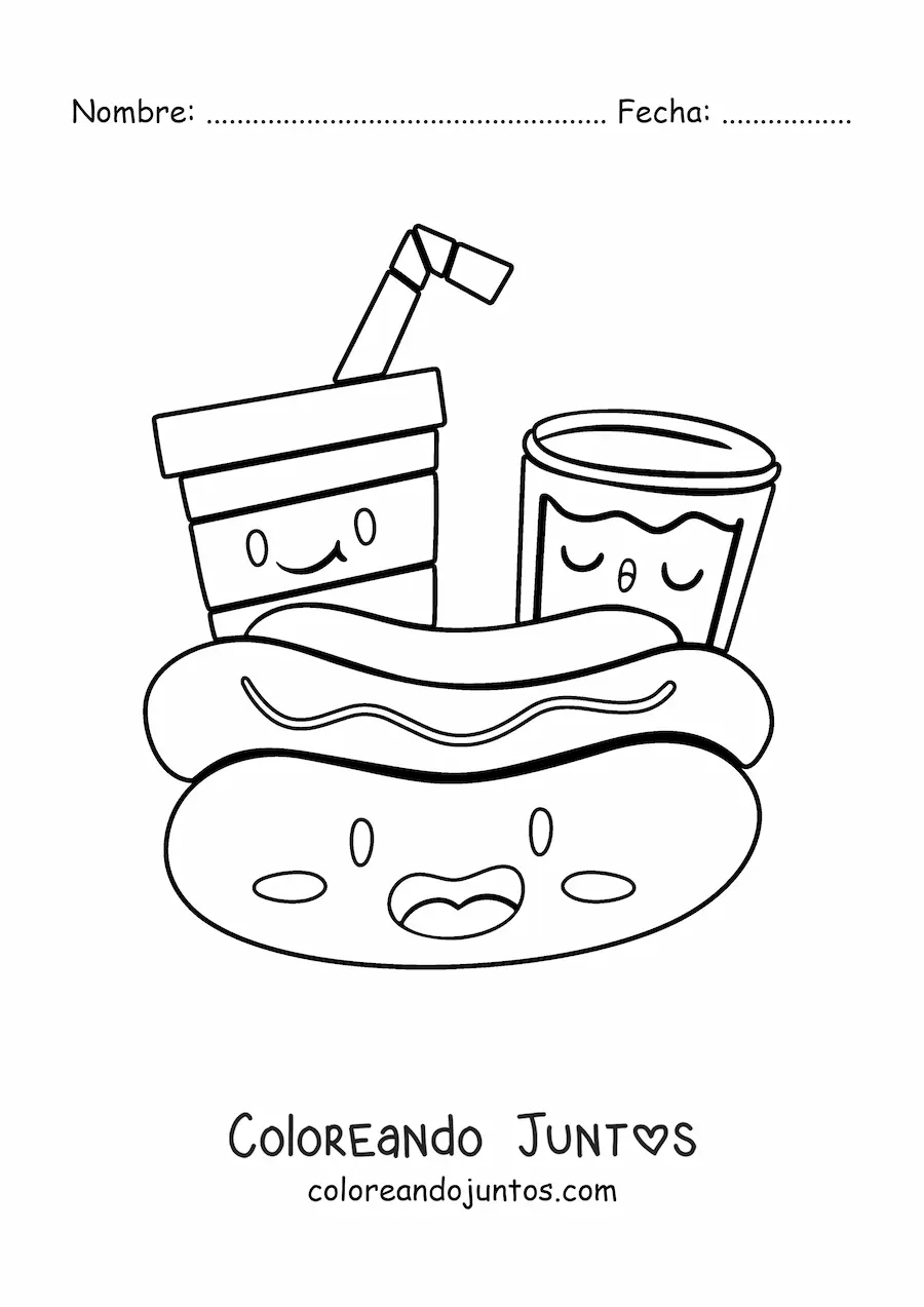 Imagen para colorear de hot dog kawaii animado con bebidas animadas