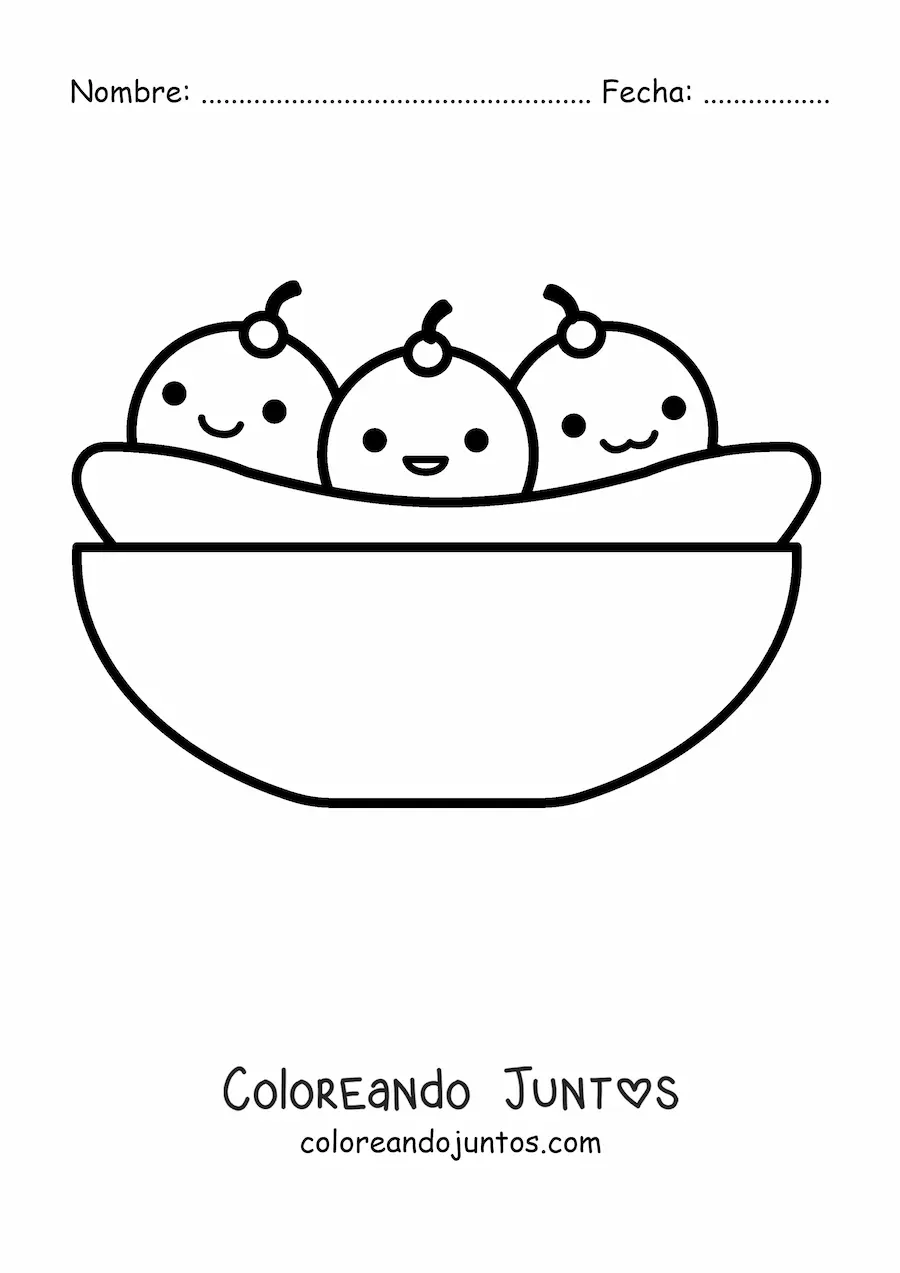 Imagen para colorear de un helado banana split animado kawaii en un plato