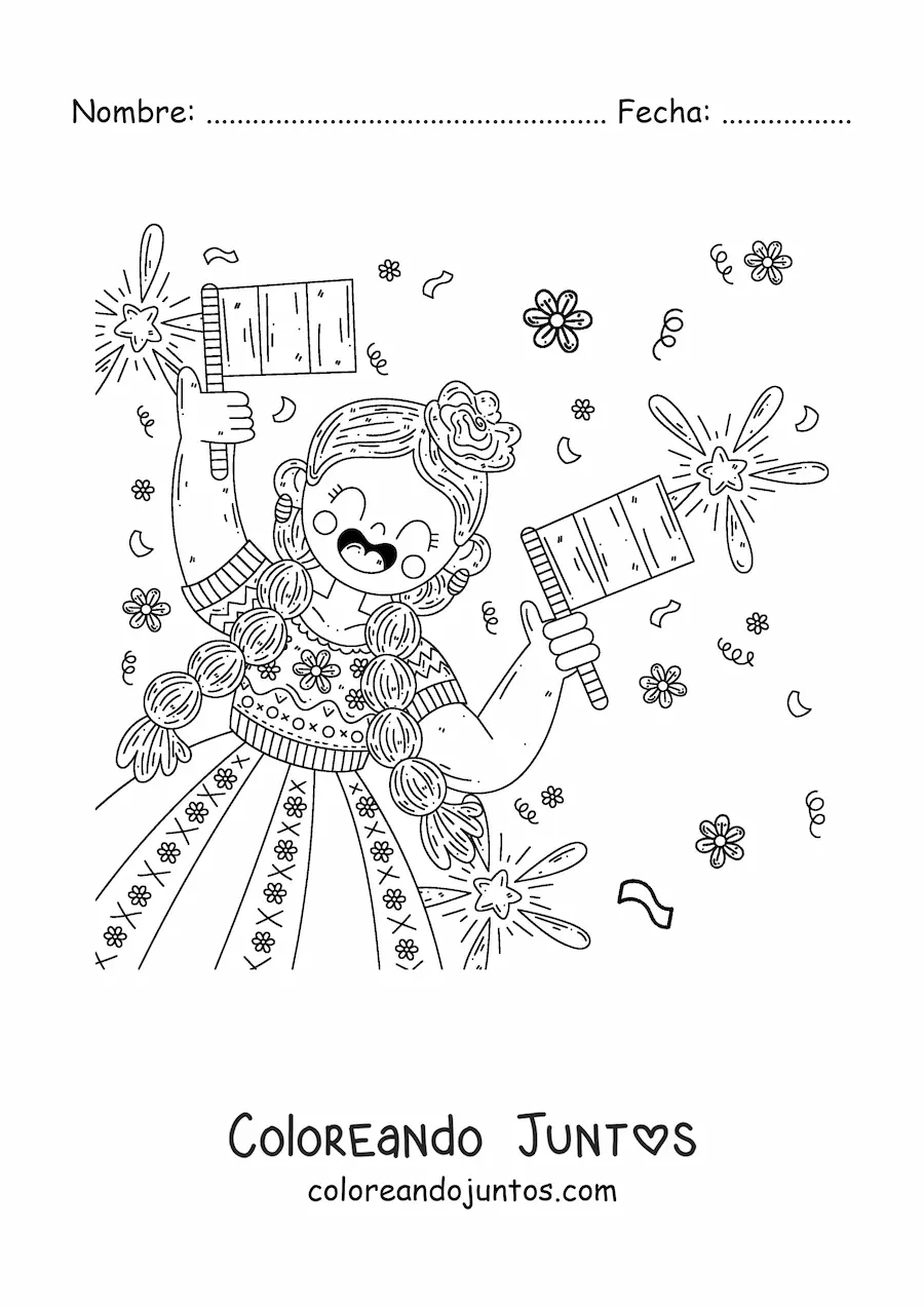 Imagen para colorear de una niña sosteniendo dos banderas de México sin escudo