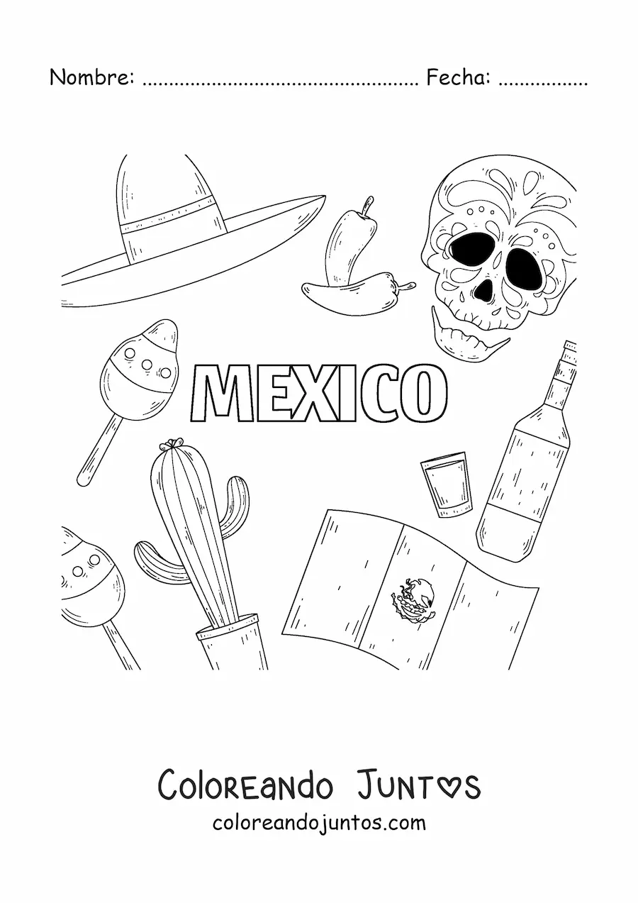 Imagen para colorear de la bandera de México junto a una calavera mexicana, un ají, tequila y un sombrero
